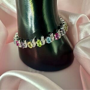 Sterling Silver Multi-Gemstone Tennis Bracelet – Oval Cut Sparkle, 7.5"